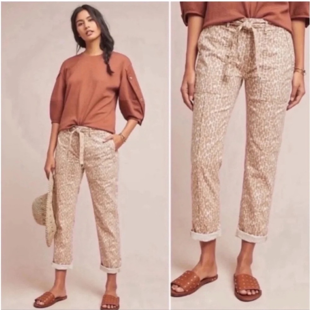 Anthropologie Rust Top with Beige Patterned Paperbag Waist Pants